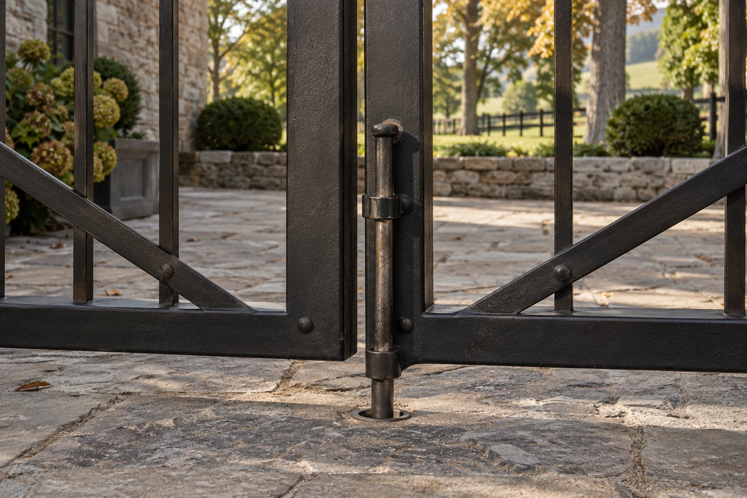 Close-up hardware detail for Courtyard Metal Gates in Lexington, KY