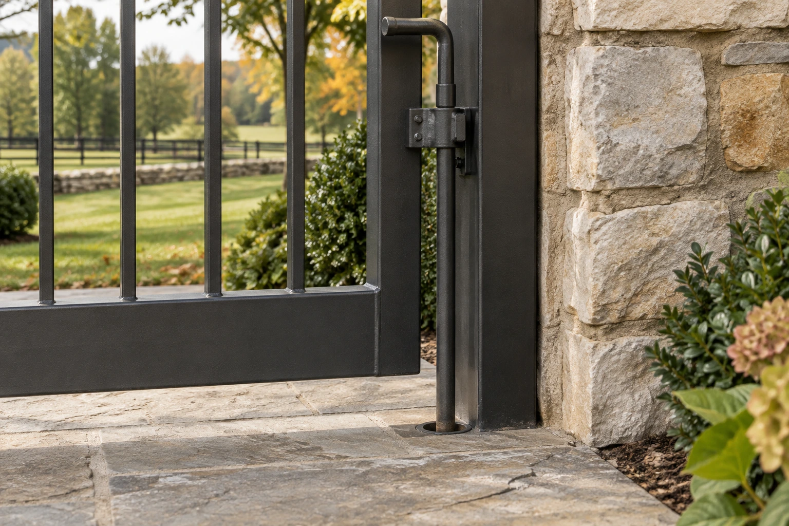 Close-up hardware detail for Side Yard Metal Gates in Lexington, KY