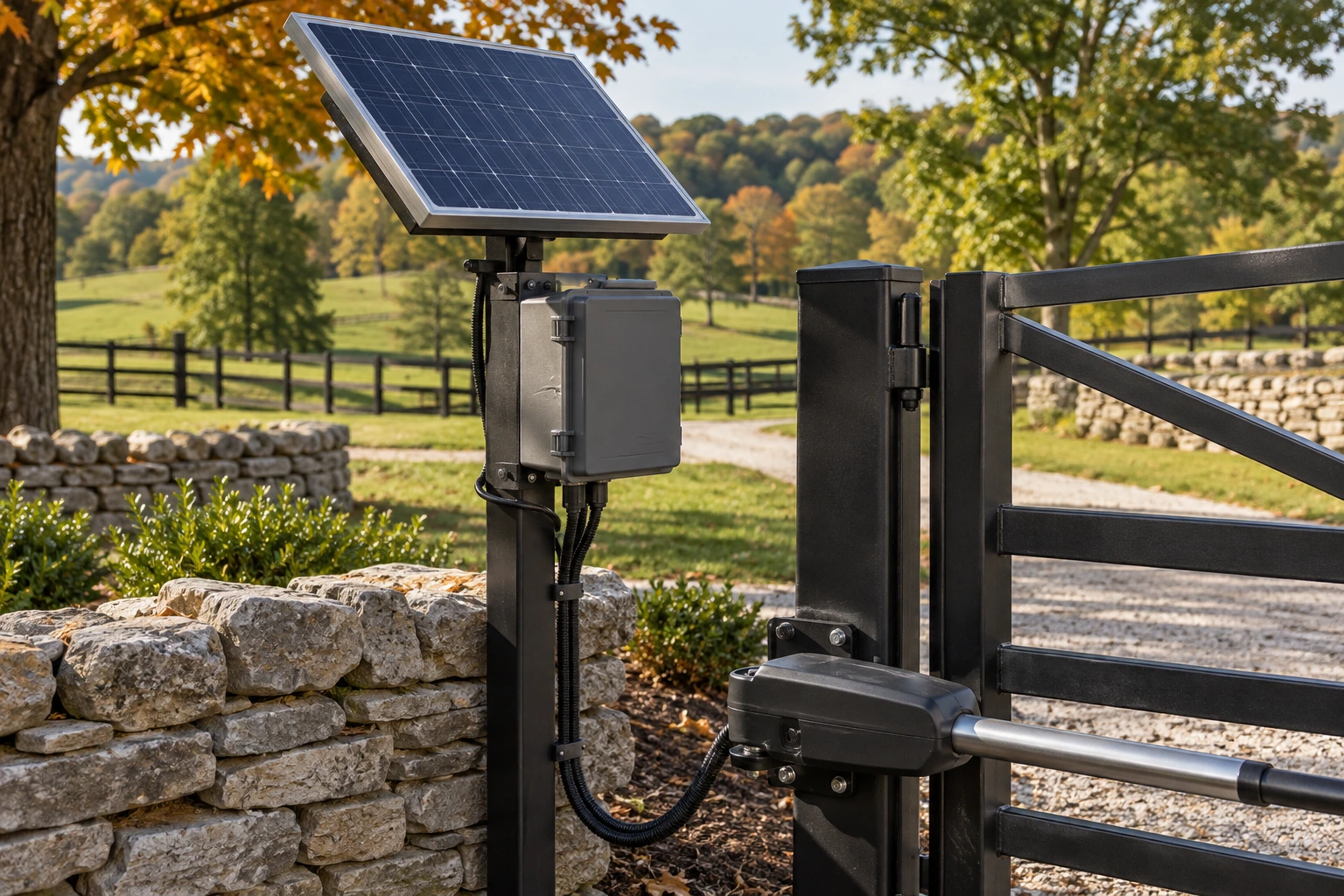 Close-up hardware detail for Solar Metal Gate Opener Installation in Lexington, KY